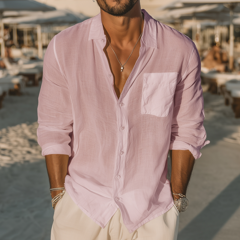 Men's Casual Solid Color Breathable Linen Lapel Patch Pocket Loose Long Sleeve Shirt MTA1096G3M