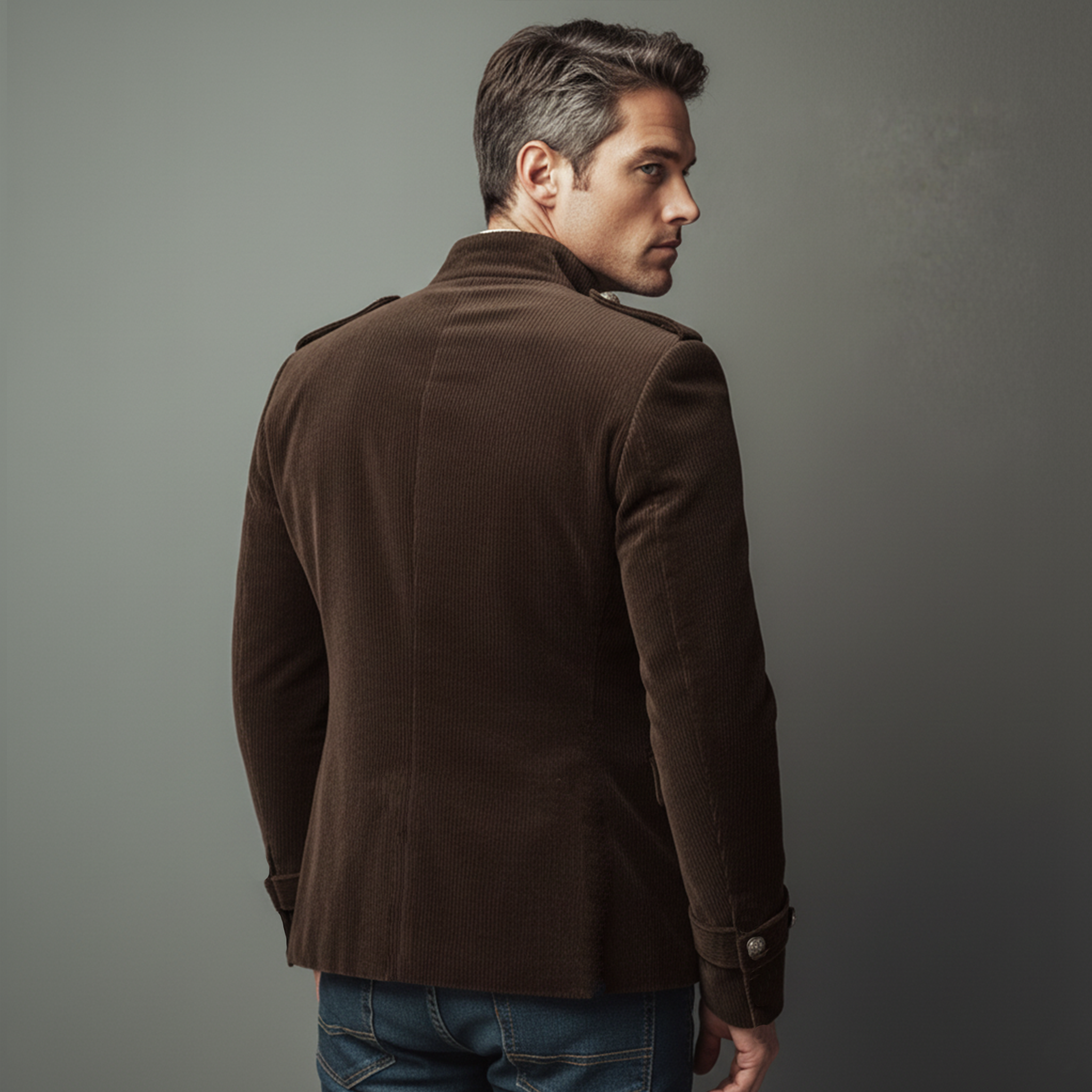 Men's Classic Casual Stand-up Collar Epaulette And Sleeve Tab Corduroy Jacket MTA2281I0K