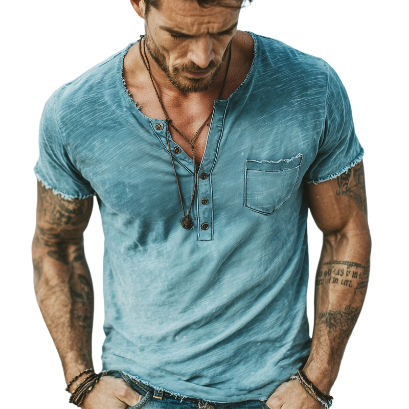 Men's Classic Henley Collar Slub Fabric Raw Edge Short Sleeve T-Shirt MTA1427G6U