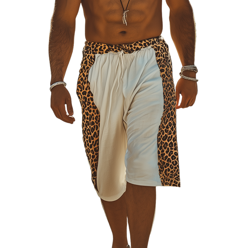 Men's Spring And Summer Casual Fashion Cotton And Linen Splicing Leopard Print Elastic Waist Loose Shorts MTA1394E2K