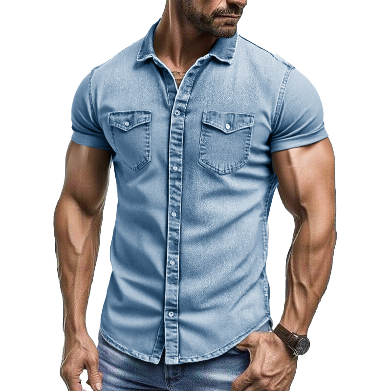 Men's Vintage Washed Short Sleeve Multi-Pocket Denim Shirt MTA2170F6X
