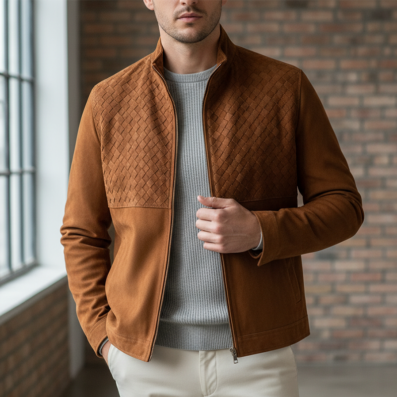 Men's Retro Plaid Textured Faux Suede Zip-Up Jacket MTA1177K7P