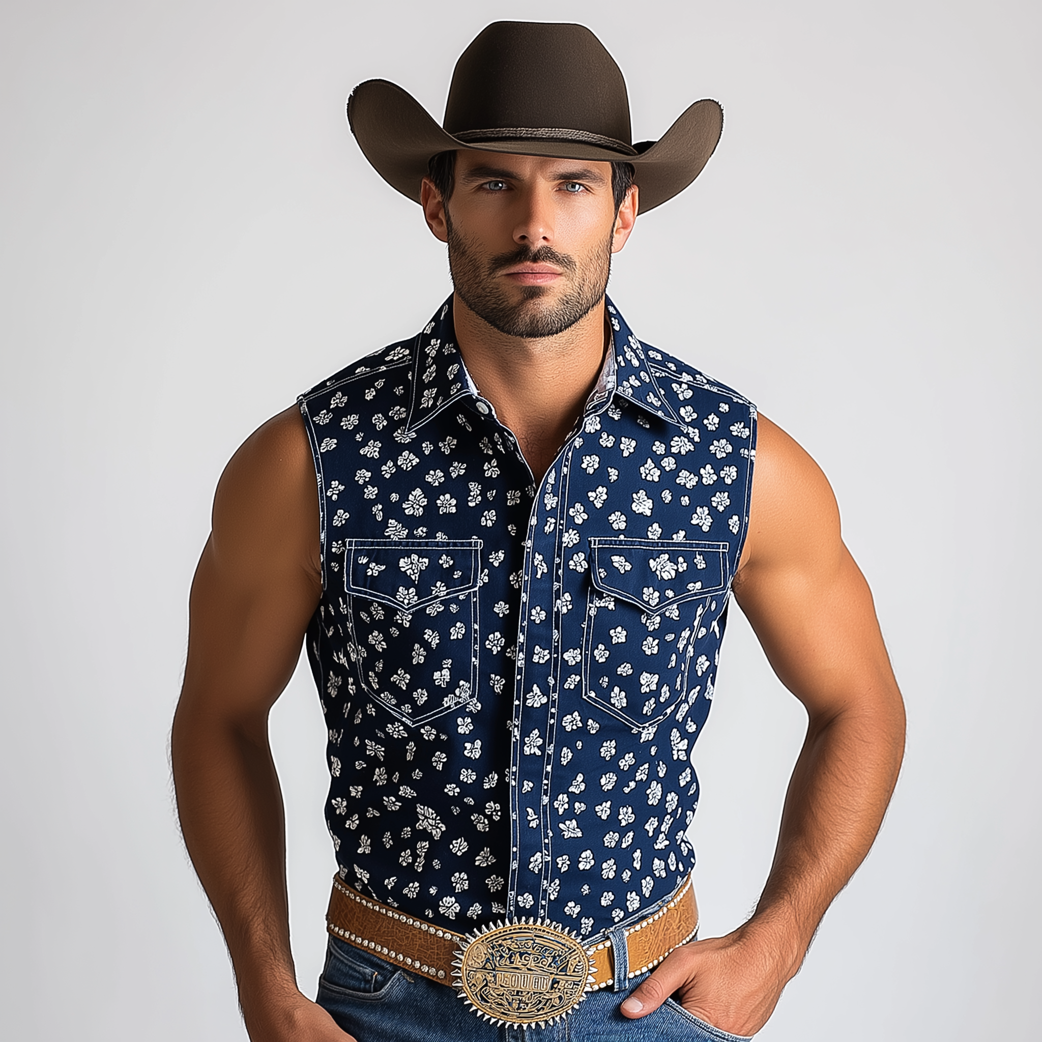 Men's Summer Western Cowboy Style Hot Stamped Sleeveless Denim Shirt MTA1418E2P