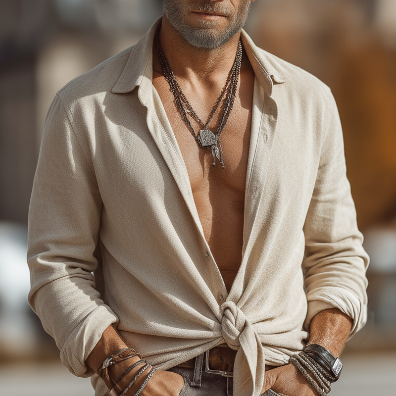 Men's Fashionable Apricot Faux Suede Tie-front Long-sleeved Shirt MTZ1224A6U