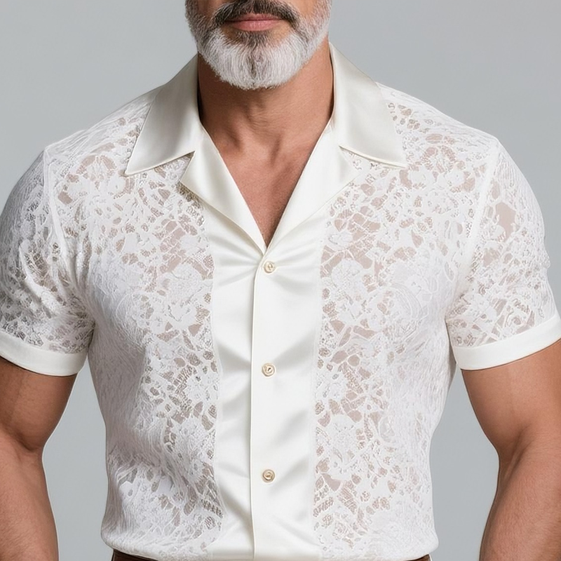 Men's Lace Stitching Satin Lapel Short Sleeve Shirt MTA2856G5Z