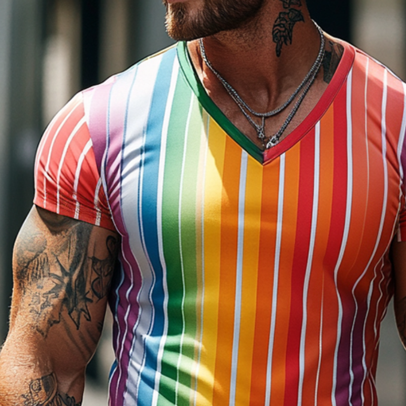 Men'S Retro Casual Rainbow Stripe Print V-Neck Short Sleeve T-Shirt MTA0988E4TO