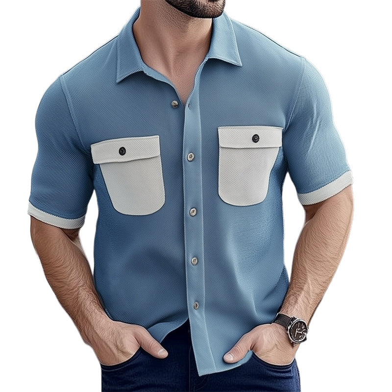 Herre sommerskjorte med korte ermer i twill, fargeblokkmønster MTA2793E7U