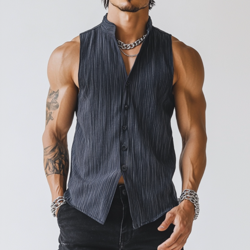 Men's Casual Breathable Linen Pinstripe Stand Collar Slim Fit Sleeveless Shirt MTA2800D3M