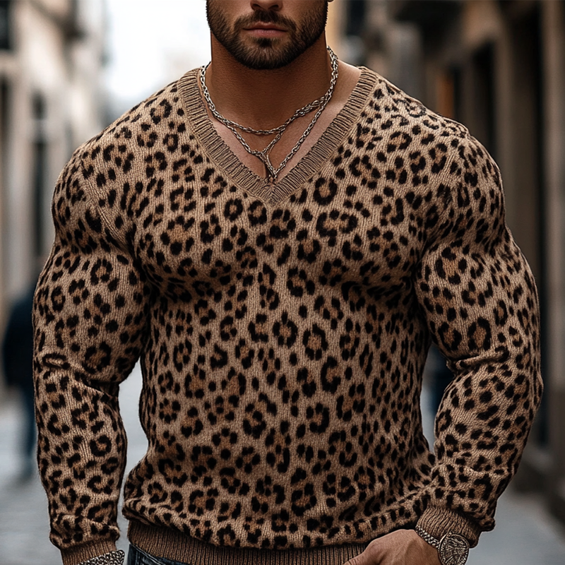 Men's Leopard Print Knit Jacquard V-neck Pullover Sweater MTA3065J3X