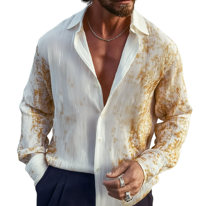 Men's Fashion Print Striped Textured Lapel Long Sleeve Shirt MTA1706G6Z
