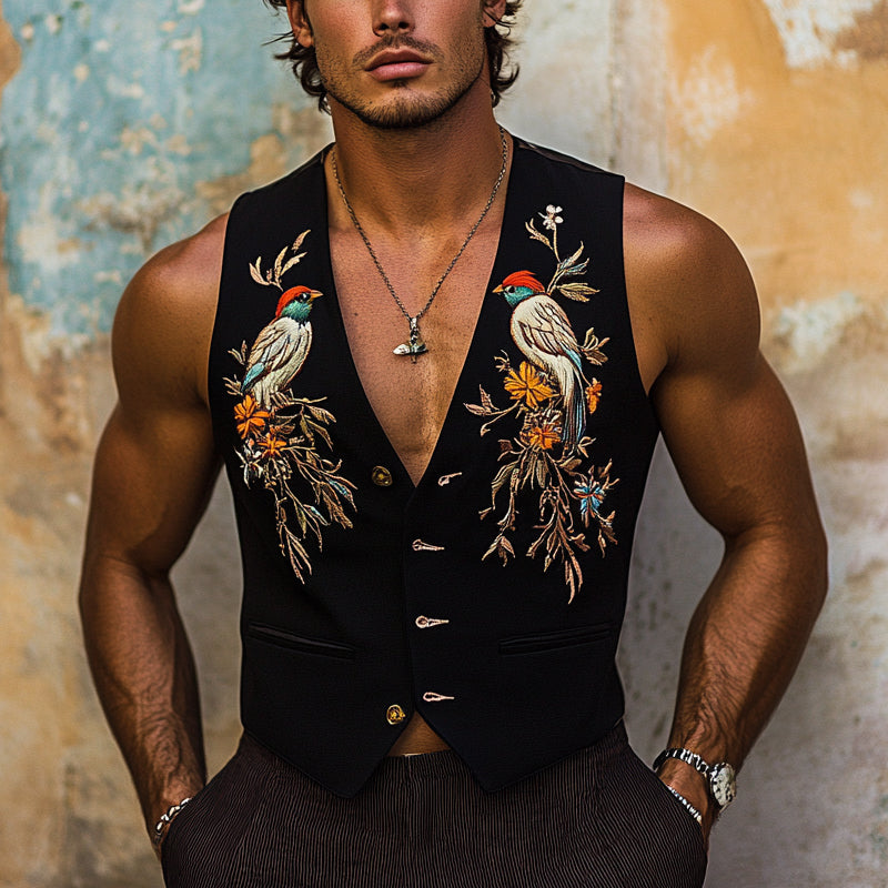 Men's Vintage Embroidered V-Neck Vest MTA2226D2X
