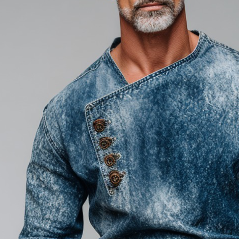 Men's Retro Casual Denim Distressed Pullover Long Sleeve Shirt MTA2652H6TO