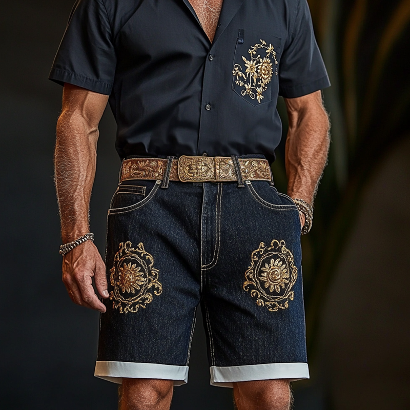 Men'S Fashion Retro Embroidered Straight Denim Shorts MTA0998E2Z