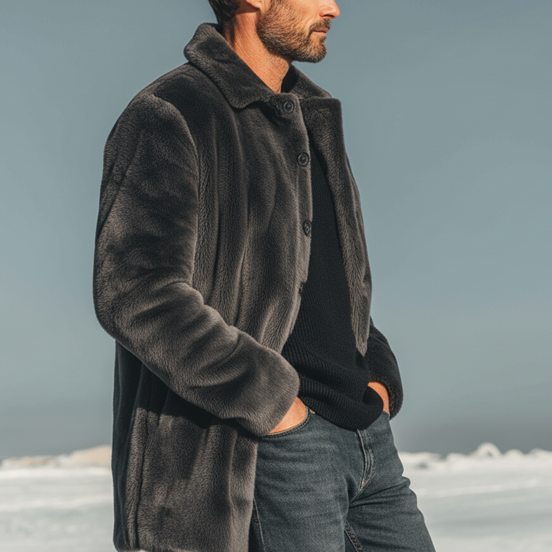 Men's Urban Warm Dark Gray Faux Mink Fur Button-up Coat MTA2578K6U