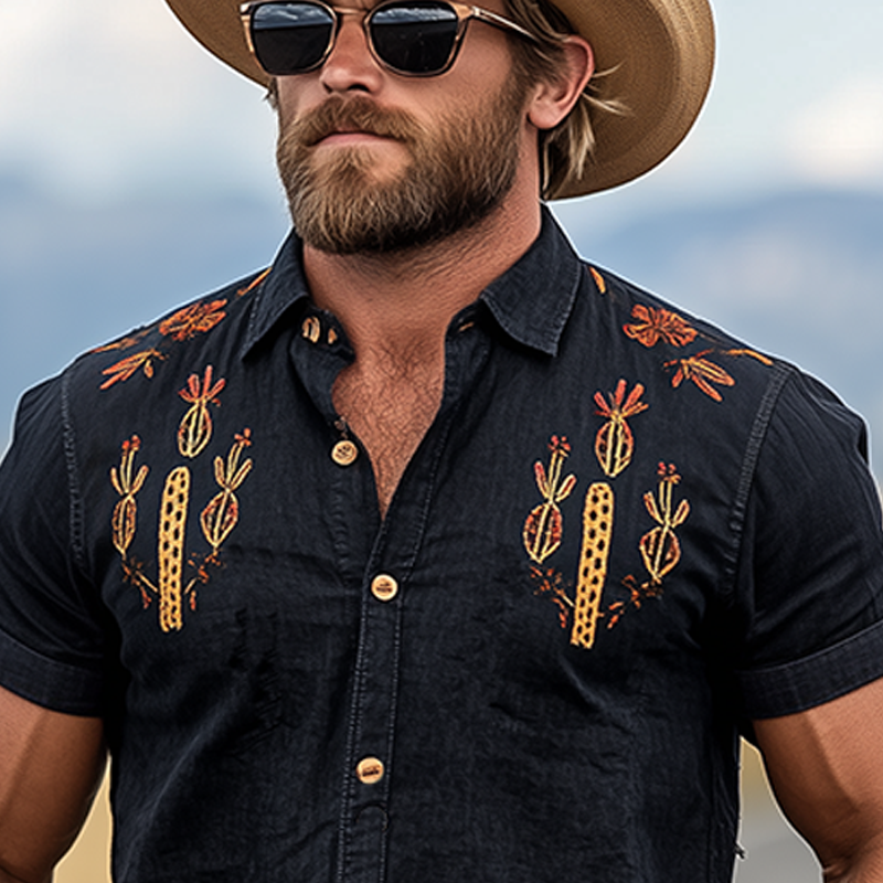 Men's Summer Casual American Retro Western Tough Style Black Washed Thin Denim Cactus Embroidered Slim Short-sleeved Pearl Snap Shirt MTA1040F3K