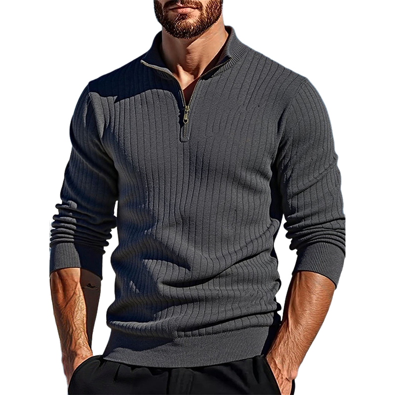 Men's Solid Color Knit Half-zip Pullover Long-sleeved Polo Shirt MTA0840K2X