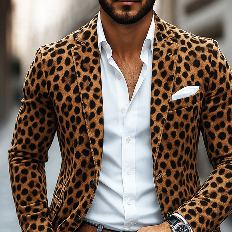 Men's Leopard Print Faux Suede Notch Lapel Two Buttons Blazer MTA0195I4Z