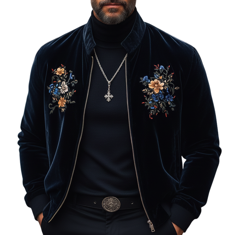 Men's Retro Navy Blue Floral Embroidered Stand Collar Velvet Jacket MTA0869L0U