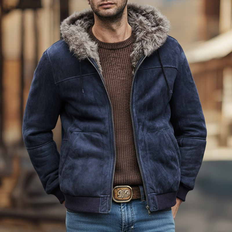 Men's Winter Retro Faux Suede Lined Hooded Zip-Up Jacket MTA2402K2P