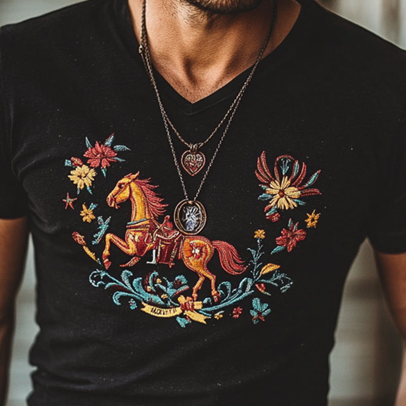 Men's Western Cowboy Style Embroidered Short Sleeve T-Shirt MTA2049E7X