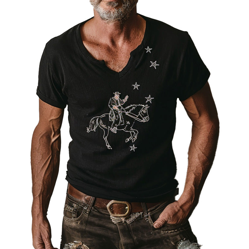 Men's Summer Cowboy Outfit Embroidered Linen Short Sleeve T-Shirt MTA2732D8P