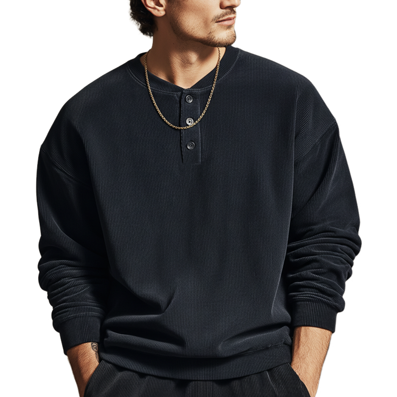 Men's Minimalist Modern Three-button Henley Collar Corduroy Sweatshirt MTA1035L1U