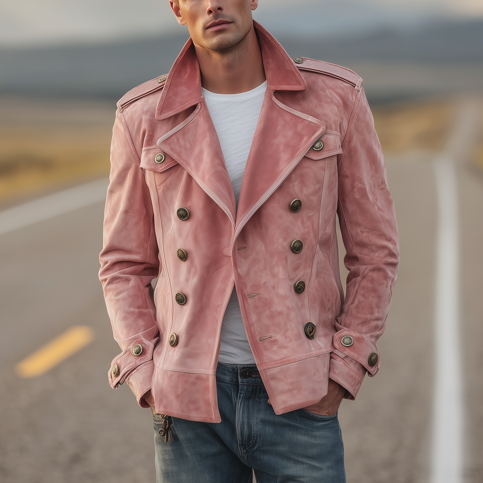 Men's Classic Retro Western Style Lapel Suede Epaulette Double-breasted Jacket MTA0801H7K