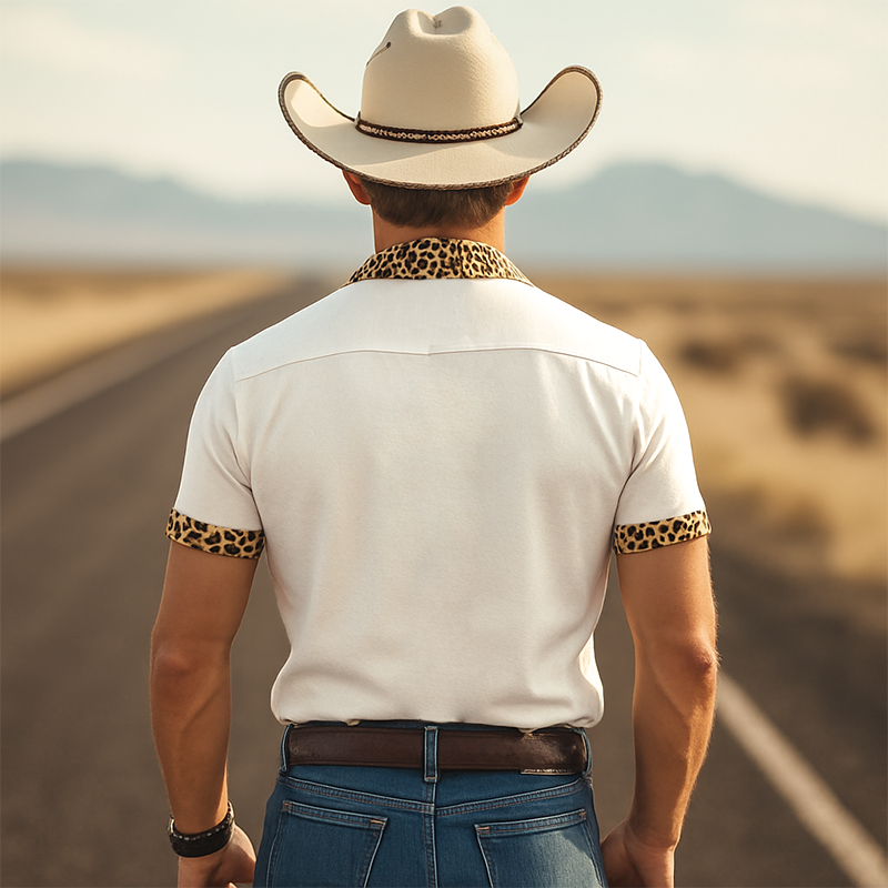 Men's Spring And Summer Classic Casual Retro Western Cowboy Style Cotton Blended Stitching Leopard Print Slim Short-Sleeved Shirt MTA1030E6K