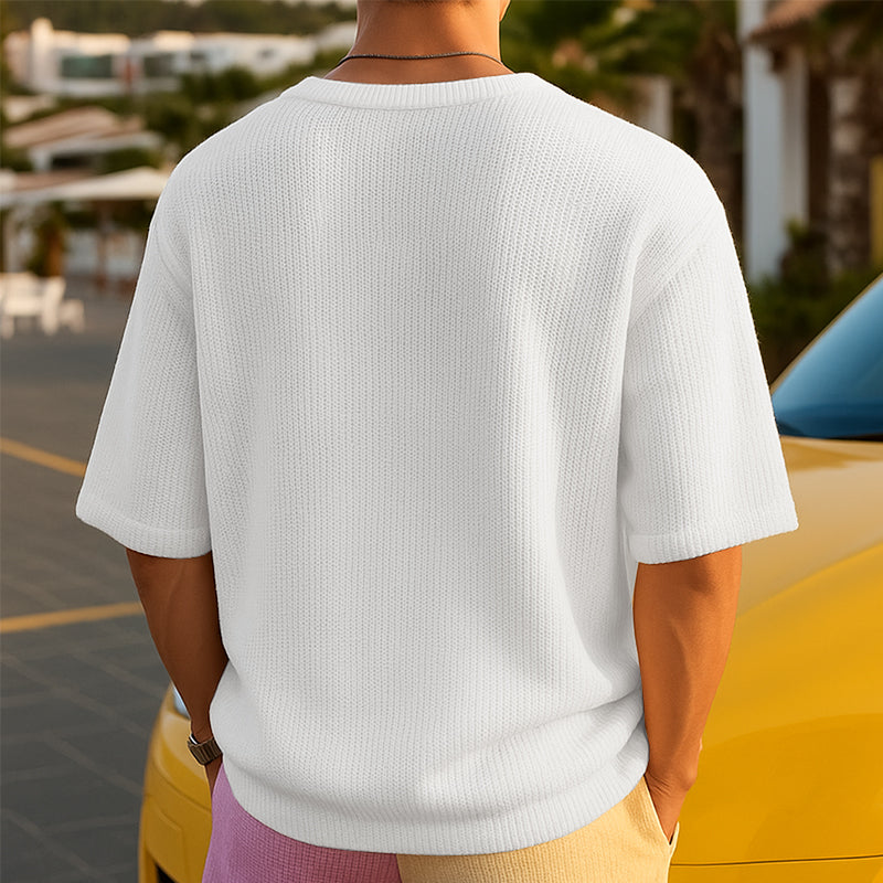 Men's Fashion Colorblock Round Neck Loose Short Sleeve Knitted Sweater T-shirt MTA2593F8M