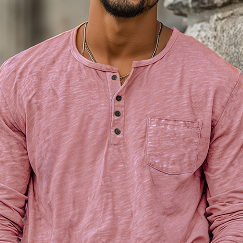 Men's Spring And Summer Casual Tough Style Henry Collar Bamboo Cotton Long Sleeve T-Shirt MTA1676G2K