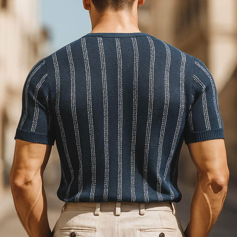 Men's Summer Vertical Striped V-Neck Knitted Short-Sleeved T-Shirt MTA0919G6U