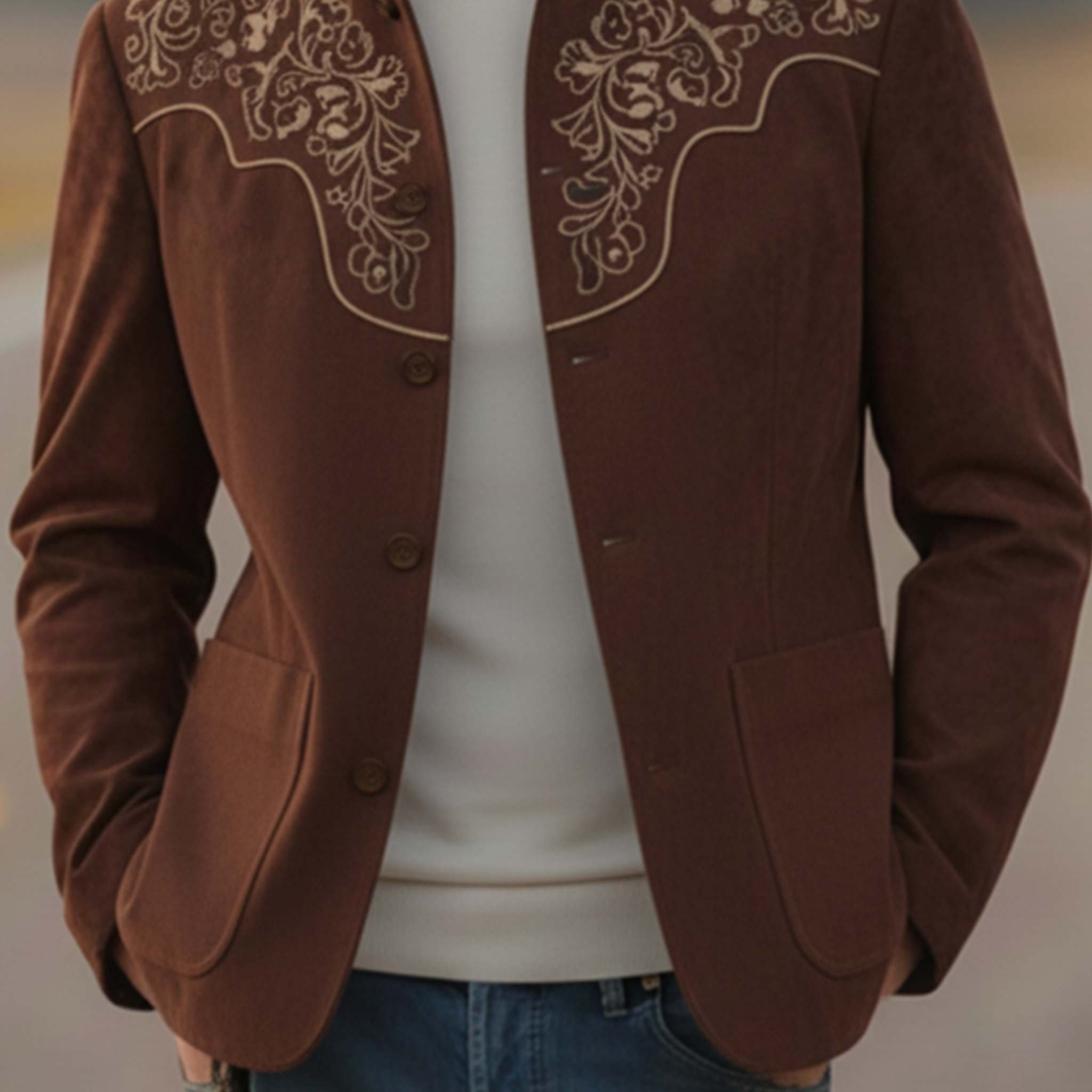 Men's Classic Retro Western Style Stand Collar Embroidered Faux Suede Single-Breasted Jacket MTA1168K5K
