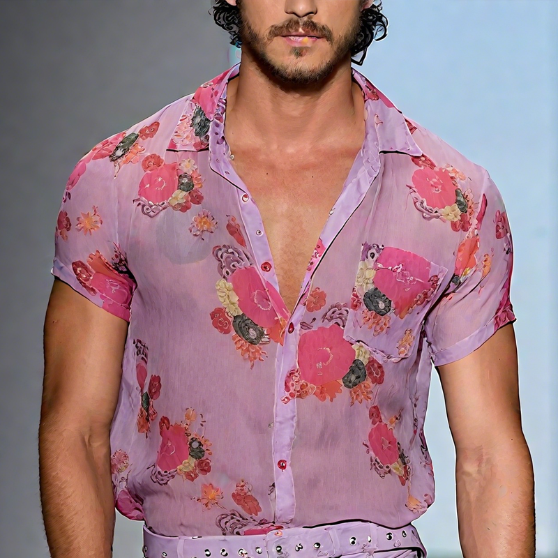 Men's Floral Lapel Short Sleeve Shirt Shorts Set MTA1229F6Z (Without Belt)