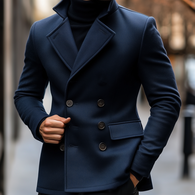 Men's Vintage Solid Color Wool Blend Notch Lapel Double-breasted Slim Fit Peacoat MTA1459H4M