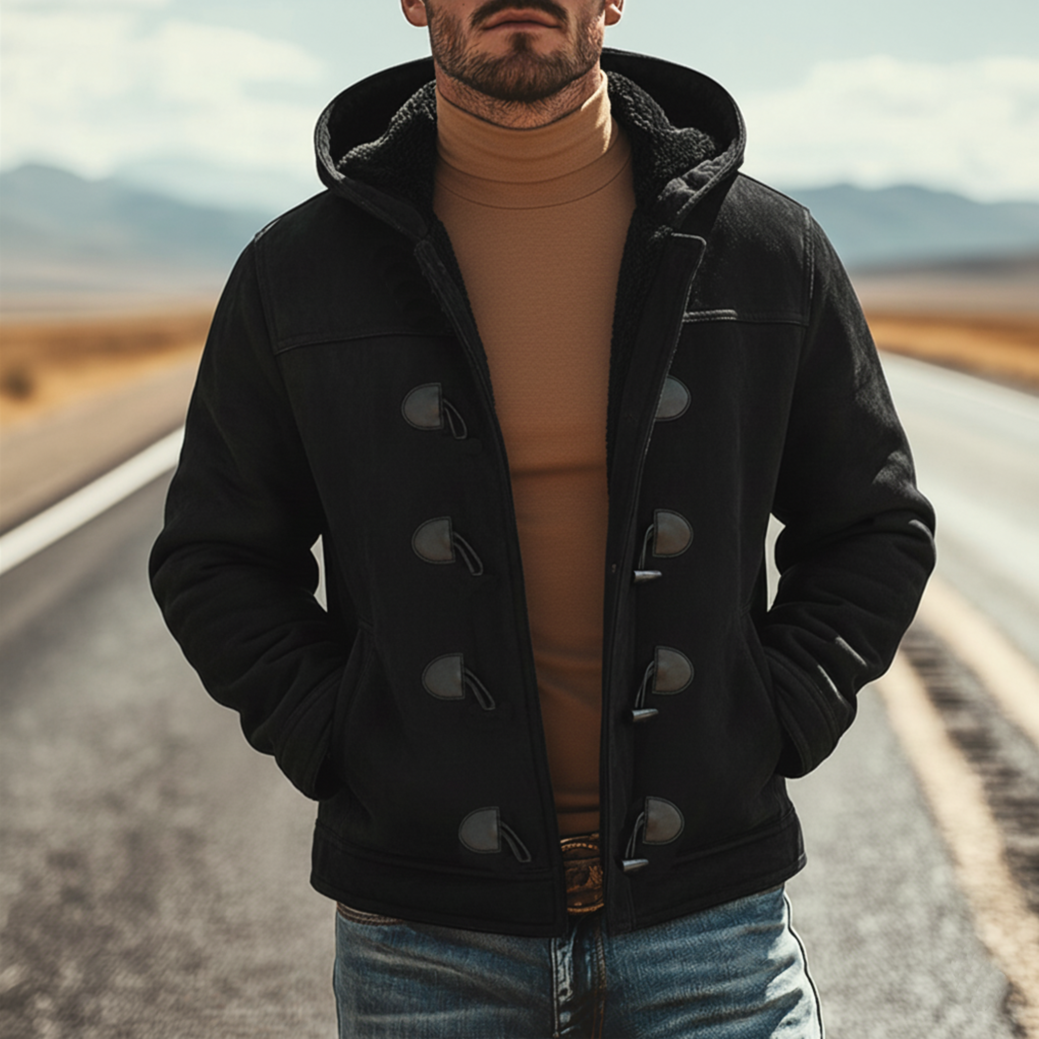 Men's Classic Retro Hooded Fleece Lined Horn Button Faux Suede Jacket MTA0197K1K