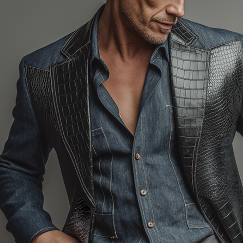 Men's Retro Casual PU Crocodile Pattern Denim Patchwork Blazer MTA2575K6TO