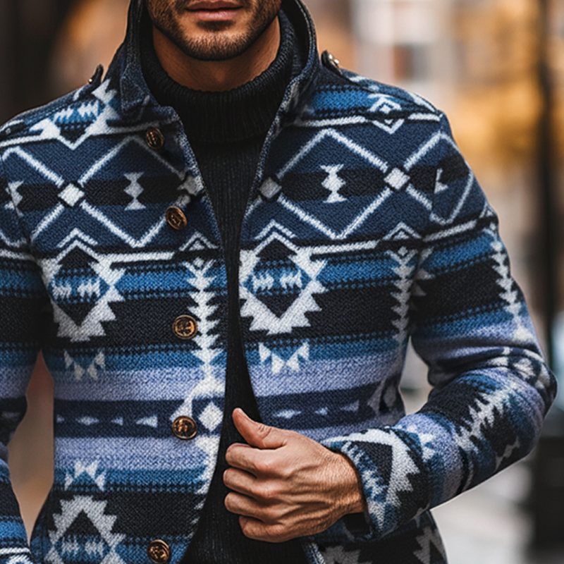 Men's Bohemian Ethnic Style Jacquard Blend Jacquard Lapel Mid-length Coat MTA1458J1X