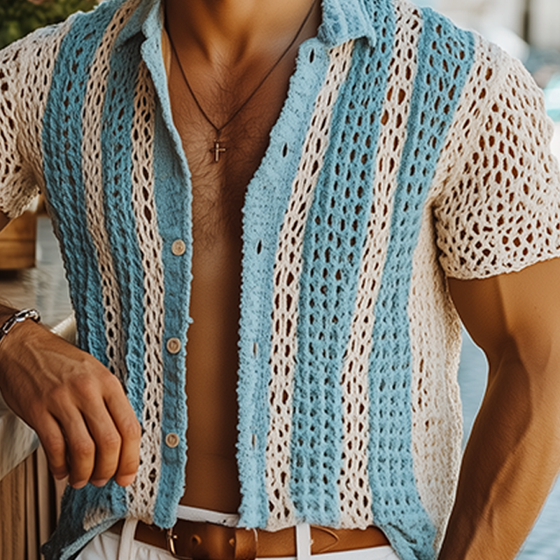 Men's Summer Fashion Casual Knitted Hollow Vertical Striped Short-sleeved Shirt MTA2667F2K