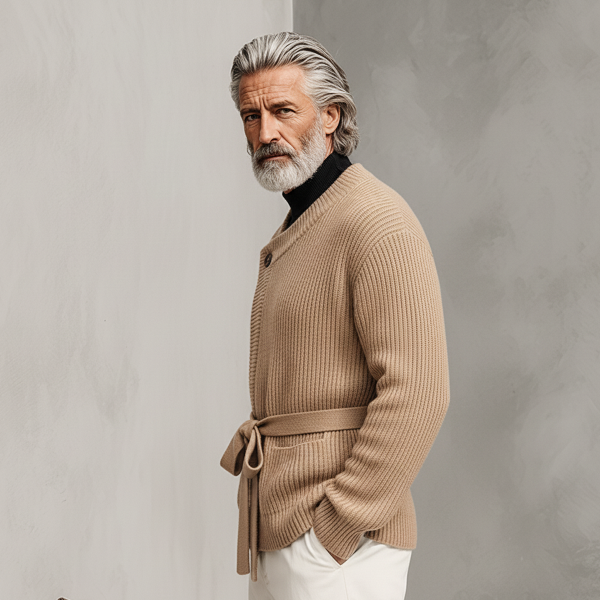 Men's Classic Retro Diagonal Placket Belted Knit Cardigan MTA0729K0K