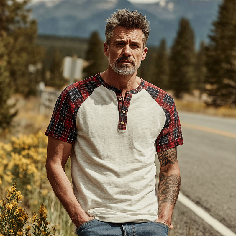Men's Spring And Summer Fashion Casual Bamboo Cotton Splicing Plaid Henry Collar Short Sleeve T-shirt MTA0829G2K