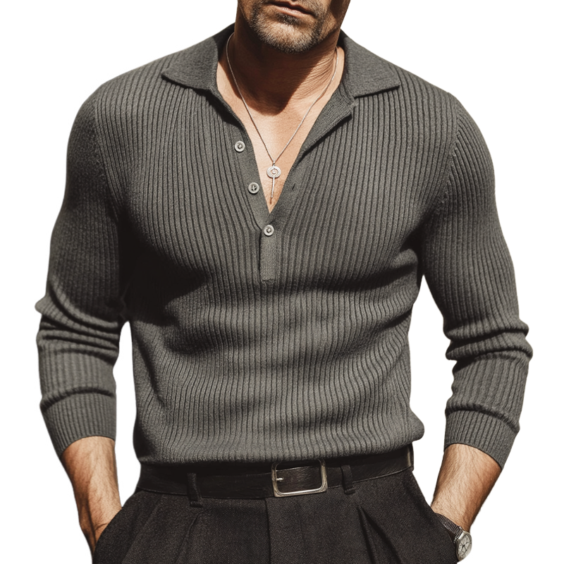 Men's Classic Urban Striped Three-button Polo Collar Slim-fit Knitted Sweater MTA1734L5U