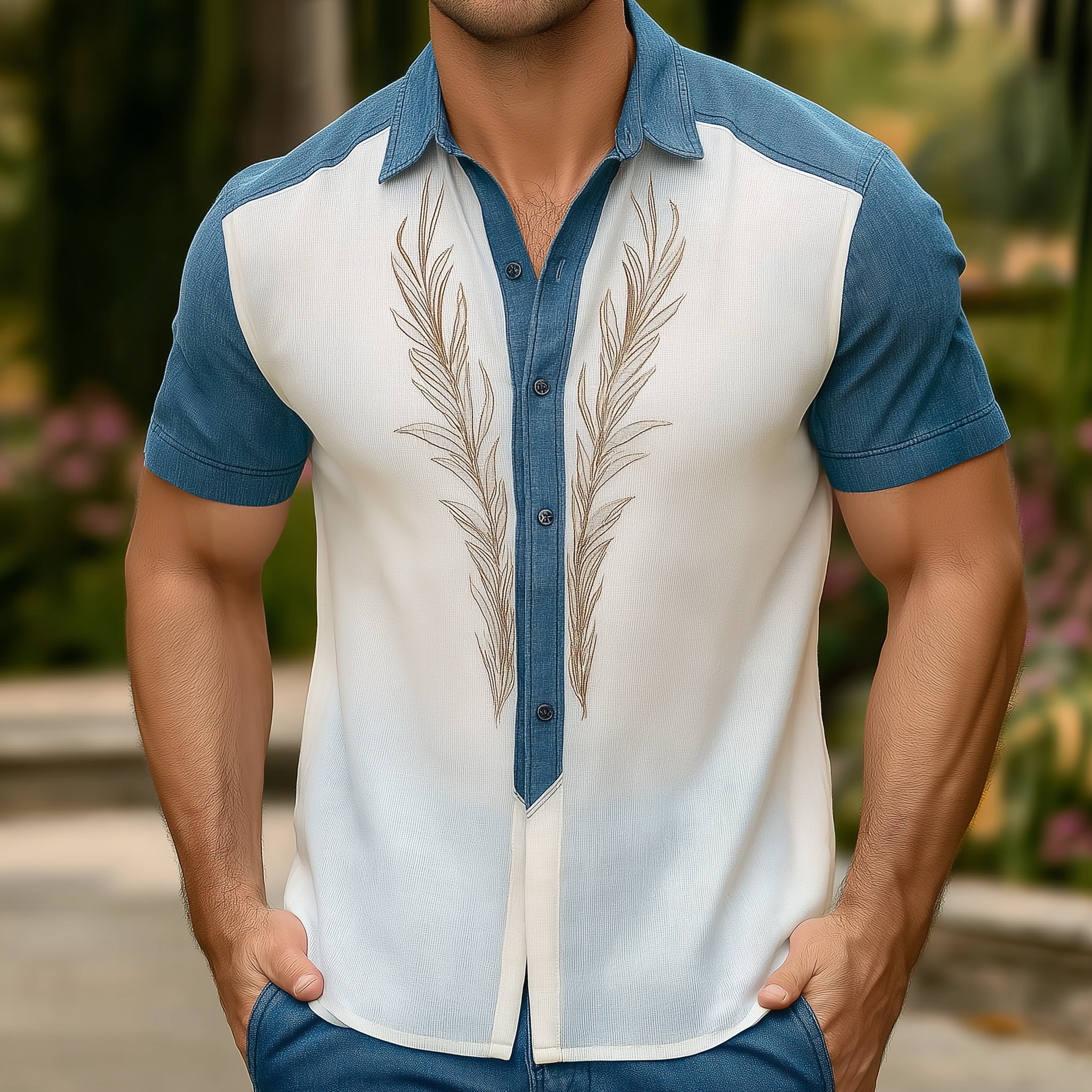 Men's Summer Fashion Patchwork Knitted Embroidery Short Sleeve Shirt MTA0686F3P