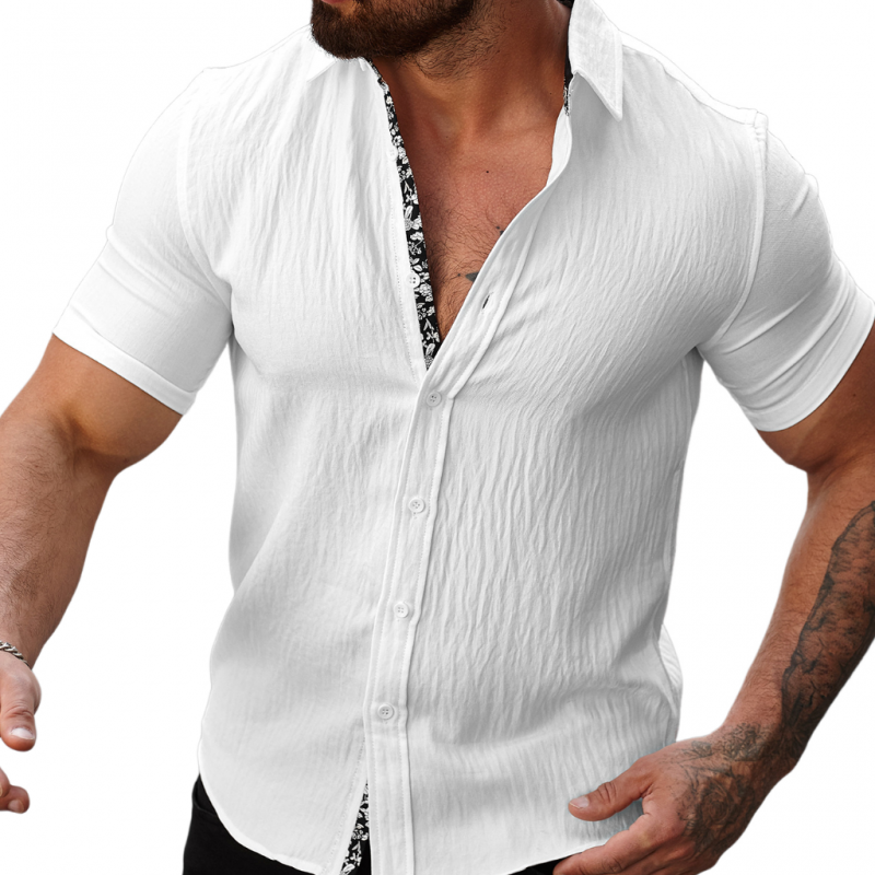 Men's Casual Cotton Linen Pleated Colorblock Lapel Slim Fit Short Sleeve Shirt MTA2680E3M
