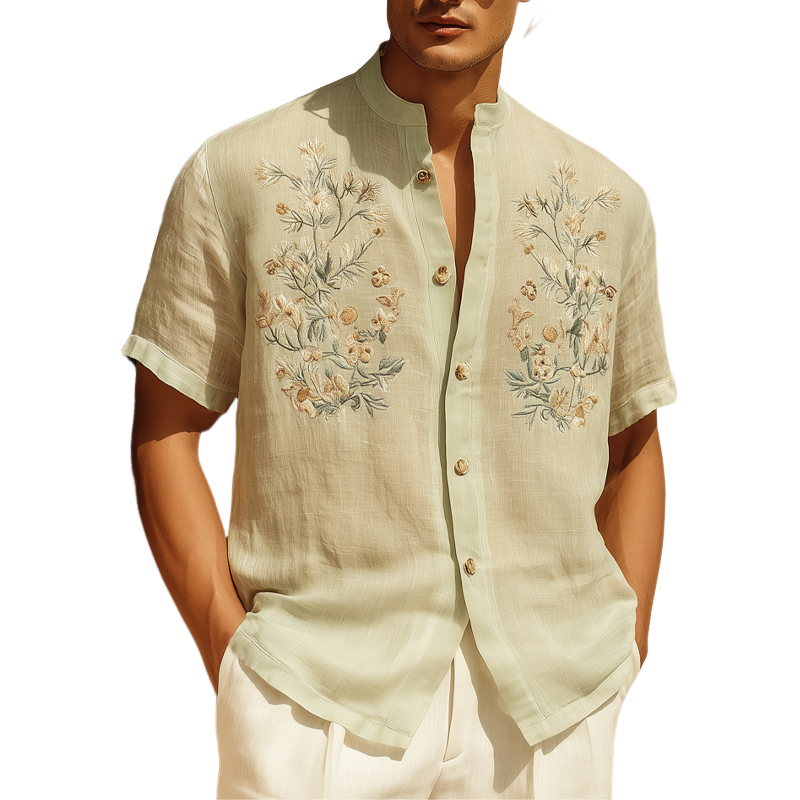 Men's Summer Cotton Vintage Floral Embroidery Short Sleeve Shirt MTA0790G5U