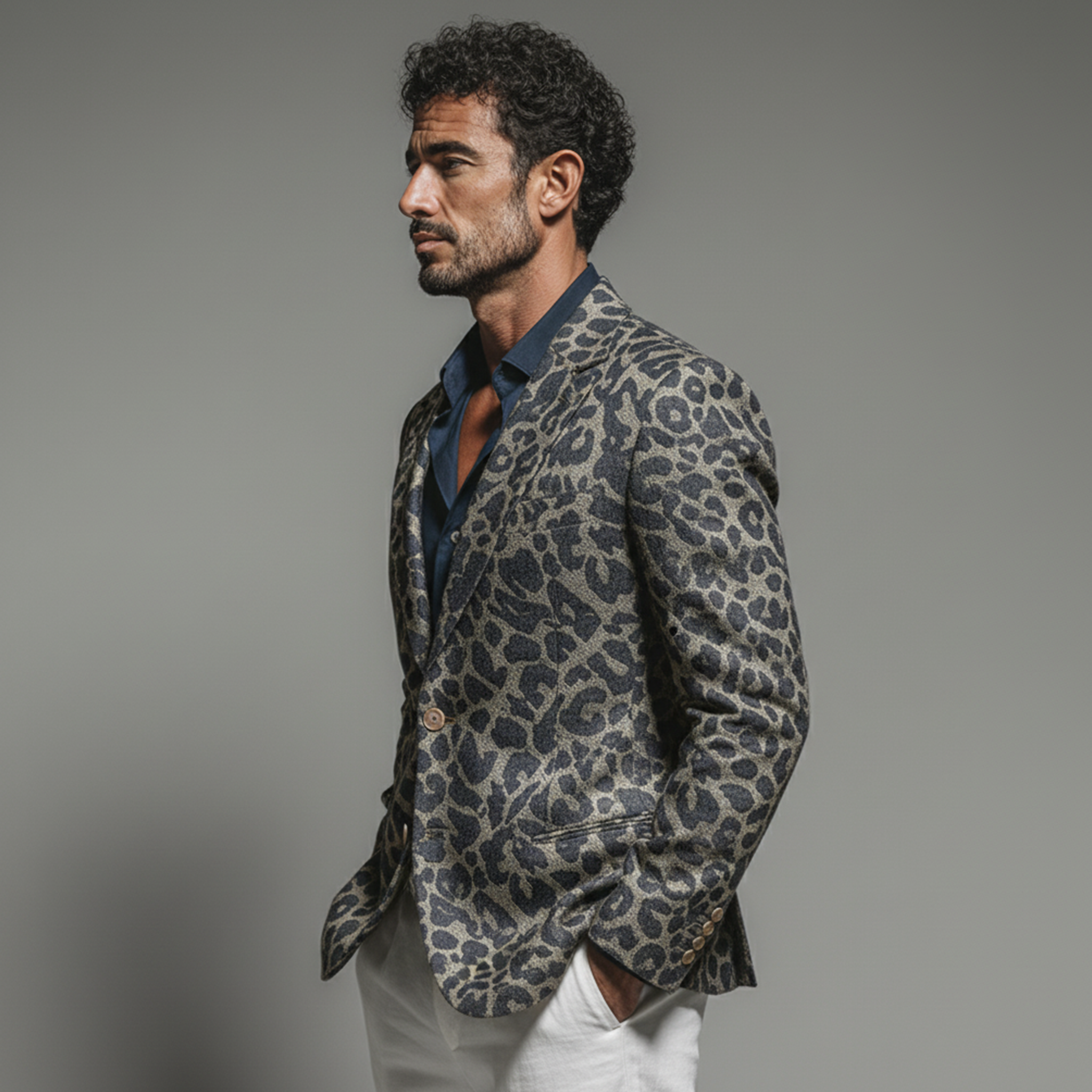 Men's Classic Casual Rugged Denim Jacquard Leopard Print Single-breasted Blazer MTA3051K7K