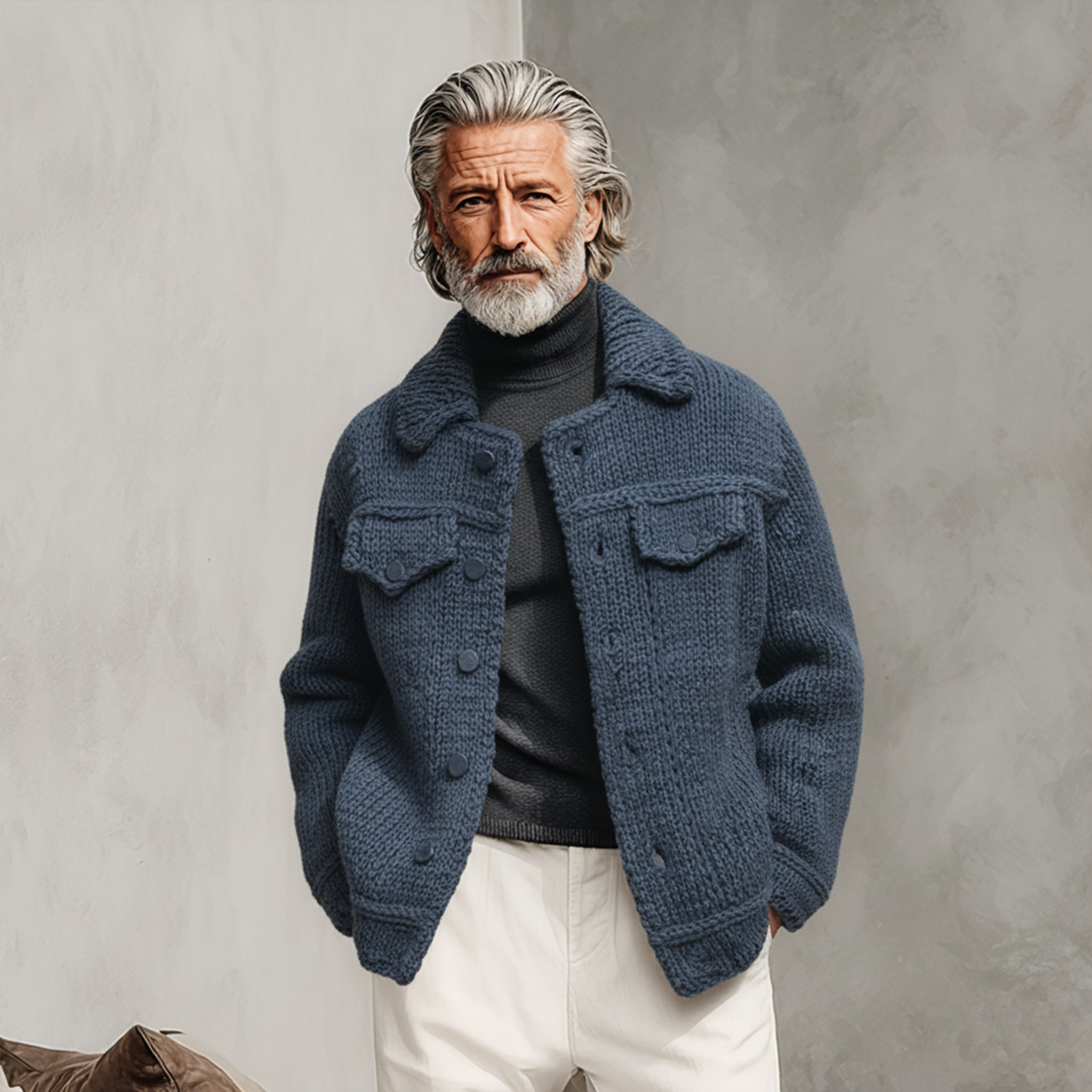 Men's Classic Casual Collared Decorative Pockets Knit Cardigan Jacket MTA0366K0K