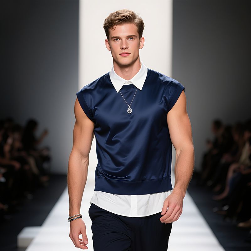 Men's Retro Casual Solid Color Fake Two Piece Sleeveless Shirt MTA2472F9TO