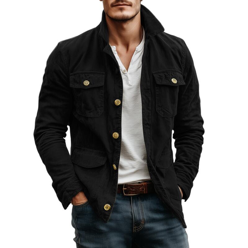 Men's Casual Outdoor Solid Color Cotton Lapel Single-breasted Multi-pocket Cargo Jacket MTA2545H2M