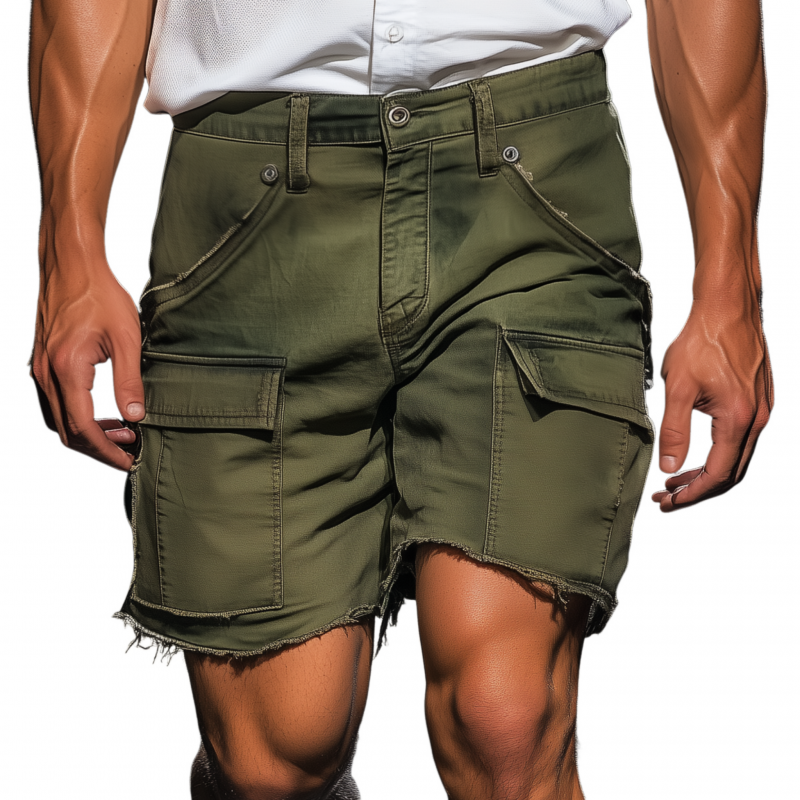Men's Casual Outdoor Breathable Cotton Washed Distressed Multi-pocket Loose Cargo Shorts MTA0624F7M