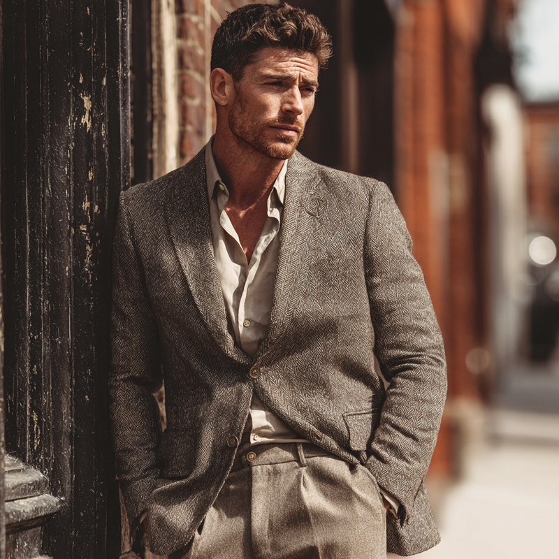 Men's Vintage Herringbone Textured Single-Breasted Blazer MTA0738H0X
